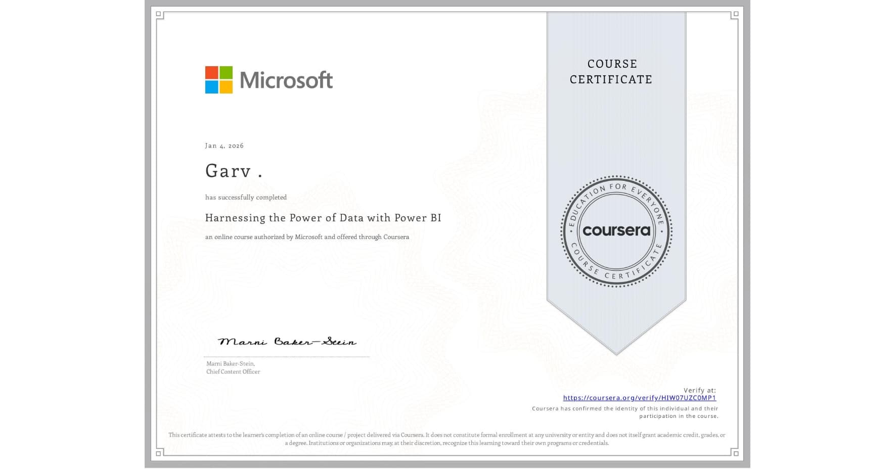 Certificate for Harnessing the Power of Data with Power BI